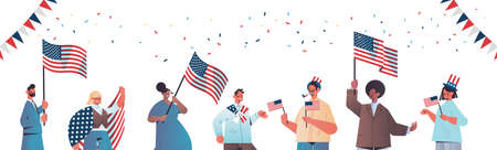 mix race people holding united states flags celebrating american independence day holiday 4th of july concept horizontal portrait vector illustrationのイラスト素材