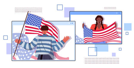 mix race couple holding usa flags celebrating 4th of july independence day conceptのイラスト素材