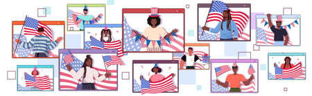 set mix race people holding usa flags celebrating 4th of july independence day concept