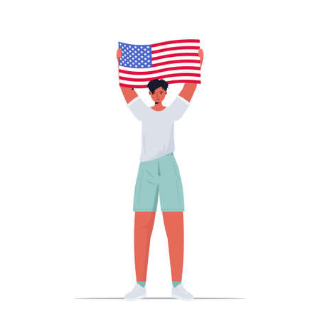 man holding usa flag guy celebrating 4th of july american independence day concept full length isolated vector illustrationのイラスト素材