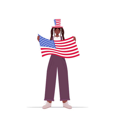 african american woman in festive hat holding usa flag girl celebrating 4th of july independence day concept full length isolated vector illustrationのイラスト素材