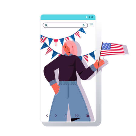 woman holding usa flag celebrating 4th of july american independence day conceptのイラスト素材