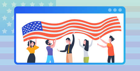 people with usa flag celebrating 4th of july in web browser window american independence day celebrationのイラスト素材