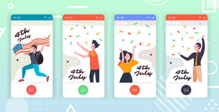 set people having fun 4th of july american independence day celebration concept smartphone screens...
