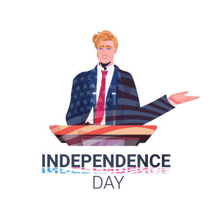 politician making speech from tribune with usa flag 4th of july american independence day celebrationのイラスト素材