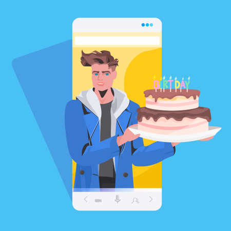 man holding cake celebrating online birthday party celebration conceptのイラスト素材