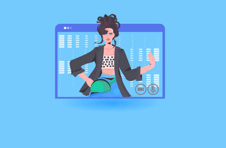 businesswoman having online briefing or virtual conference during video call remote work quarantine isolation concept business woman in web browser window portrait vector illustrationのイラスト素材