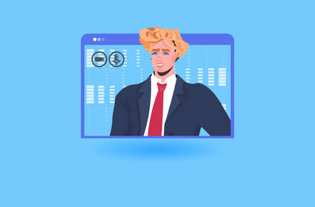 businessman having online briefing or virtual conference during video call remote work quarantine isolation concept man worker in web browser window portrait vector illustrationのイラスト素材
