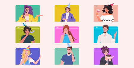 set people celebrating birthday party mix race men women having fun celebration concept web browser windows collection portrait horizontal vector illustrationのイラスト素材