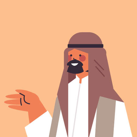 arabic man in traditional clothes pointing hand at something smiling arab guy avatar male cartoon character portrait vector illustrationのイラスト素材