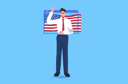 male politician with usa flag making speech during video call 4th of july independence day celebration concept man in web browser window full length vector illustrationのイラスト素材