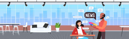 designers couple chatting during meeting discussing daily news chat bubble communication concept art studio interior horizontal portrait vector illustrationのイラスト素材