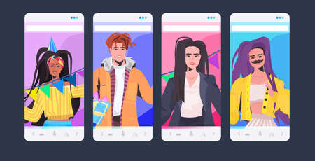 set people celebrating birthday party mix race men women having fun celebration concept smartphone screens collection portrait horizontal vector illustrationのイラスト素材