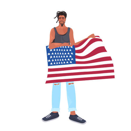 man holding usa flag 4th of july american independence day celebration concept full length vector illustrationのイラスト素材