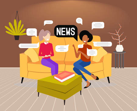 mix race girls chatting during meeting couple discussing daily news chat bubble communication concept living room interior horizontal full length vector illustrationのイラスト素材