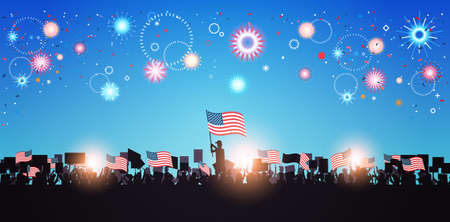 people silhouettes holding united states flags celebrating independence day holiday 4th of july...