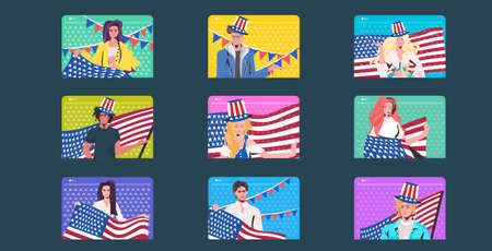 set people in festive hats with usa flags celebrating 4th of july american independence day conceptのイラスト素材