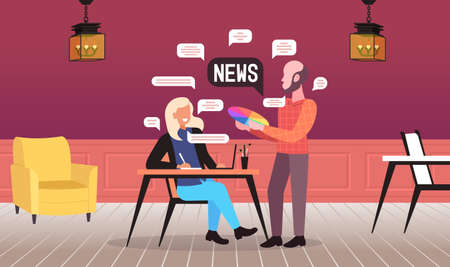 designers couple chatting during meeting discussing daily news chat bubble communication conceptのイラスト素材