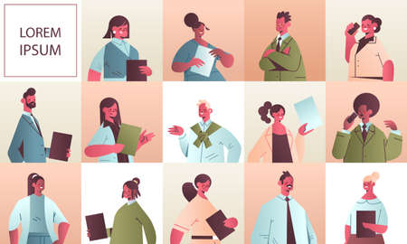 set businesspeople in different poses mix race business people office workers in casual clothesのイラスト素材