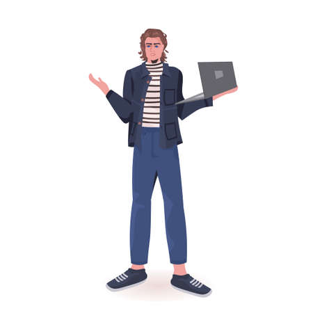 man holding laptop guy model in trendy clothes male cartoon character standing pose full length