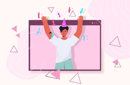 woman in festive hat celebrating online birthday party girl in computer window having funのイラスト素材