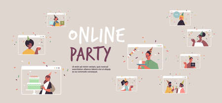 set people in festive hats celebrating online birthday party mix race men women in computer windowsのイラスト素材