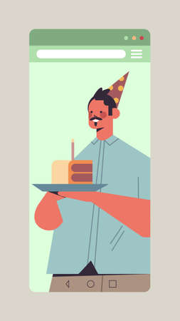 man in funny festive hat celebrating online birthday party happy guy in smartphone screen holding...