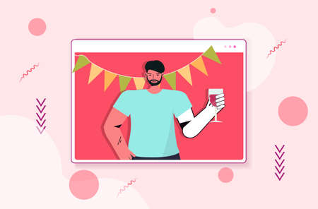 man in festive hat celebrating online birthday party guy in computer window drinking wineのイラスト素材