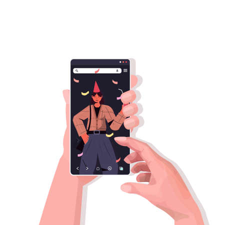 hands using smartphone celebrating online birthday party during video call celebration virtual meetingのイラスト素材