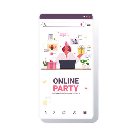 woman in festive hat celebrating online birthday party during video call with friends chat bubble communicationのイラスト素材