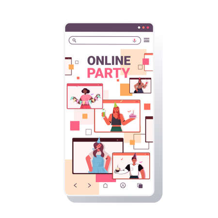 people in festive hats celebrating online birthday party mix race men women having funのイラスト素材