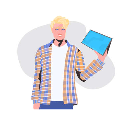 man holding tablet pc guy model in casual trendy clothes male cartoon character portrait
