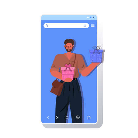 man celebrating online birthday party guy in smartphone screen holding gift boxes