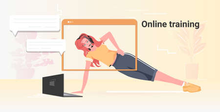 woman doing yoga exercises online training healthy lifestyle concept girl watching tutorials on laptopのイラスト素材