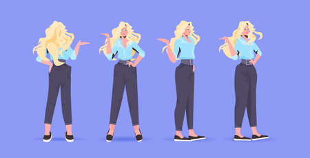 set woman in casual trendy clothes female cartoon character standing pose different angles view