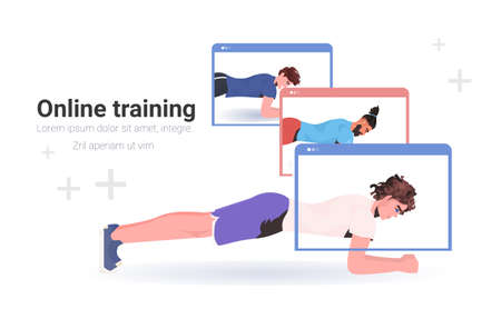 men doing fitness exercises online training healthy lifestyle workout conceptのイラスト素材