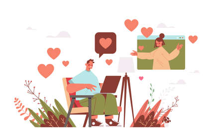 man chatting with woman in online dating app couple discussing during virtual meeting social relationshipのイラスト素材