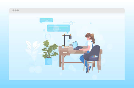 woman using laptop remote work quarantine isolation chat bubble communication conceptのイラスト素材