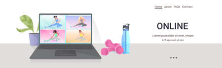 mix race women doing yoga fitness exercises on laptop screen online training healthy lifestyleのイラスト素材