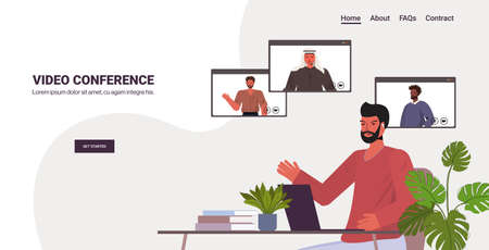 businessman chatting with mix race colleagues during video call busines people having online conferenceのイラスト素材