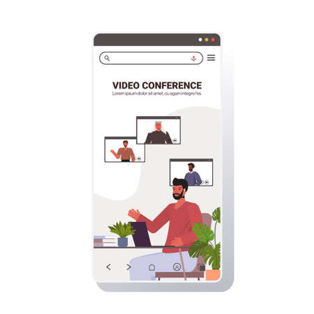 businessman chatting with mix race colleagues during video call busines people having online conferenceのイラスト素材