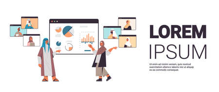 arabic businesspeople presenting financial graph to colleagues during video call communication conceptのイラスト素材