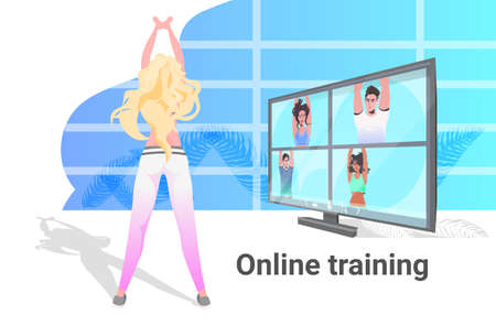 woman doing yoga fitness exercises girl watching tutorials on tv online training healthy lifestyle concept girls working out horizontal full length vector illustrationのイラスト素材