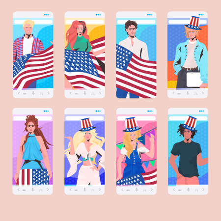 set mix race people in festive hats with usa flags celebrating 4th of july american independence dayのイラスト素材