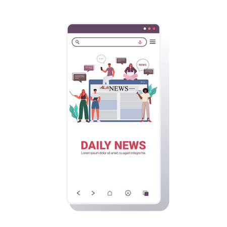 businesspeople reading news on digital gadgets people discussing daily news chat bubble communicationのイラスト素材