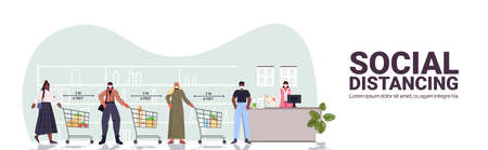 cutomers in protective masks in queue at cash desk keeping distance to prevent coronavirus social distancingのイラスト素材