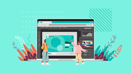 designers couple working with graphic editor on laptop screen creative content configuration design conceptのイラスト素材