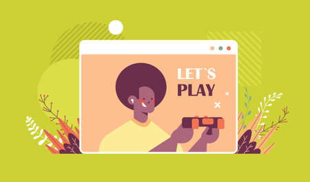 young man in headphones playing video games african american guy having fun web browser window