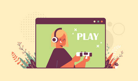blonde woman in headphones playing video games girl having fun web browser windowのイラスト素材