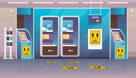 signs for social distancing on floor near ATM machine line up marking with round yellow stickerのイラスト素材